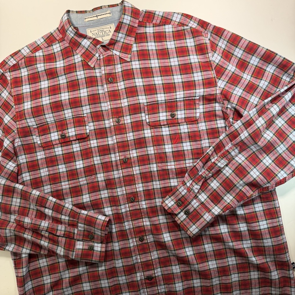 Nautica Men's Long Sleeve Plaid Button Up L Red Blue Classic Preppy